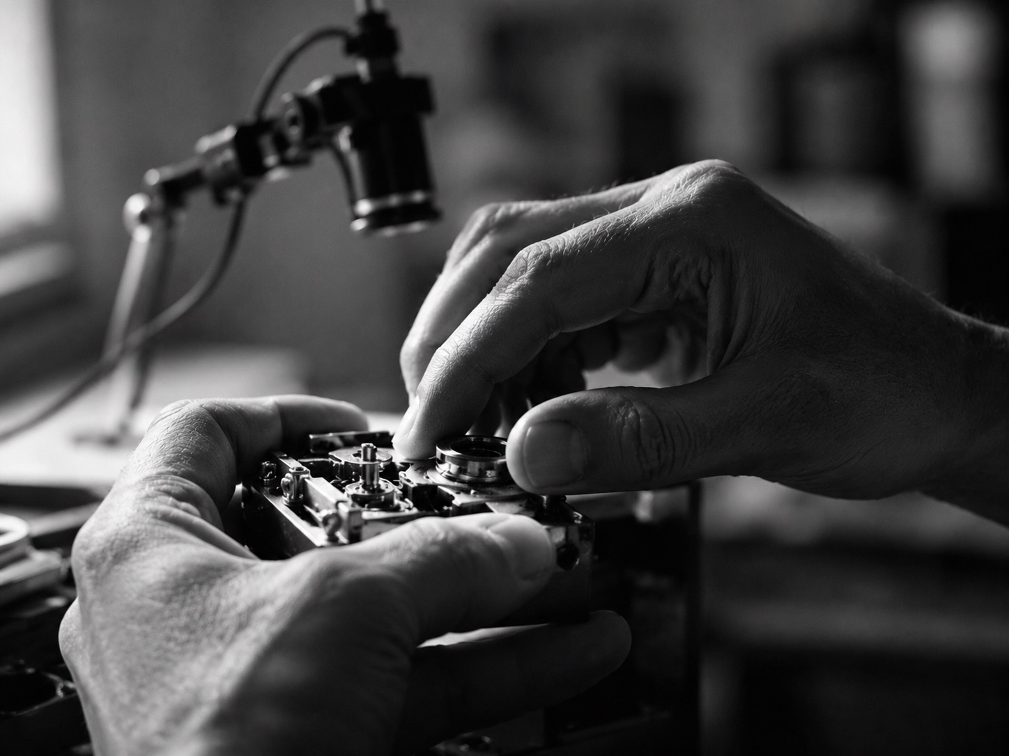 Skilled hands assembling an instrumented mechanism at a workbench